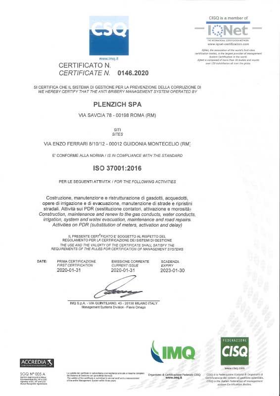 plenzich certificato ISO 37001