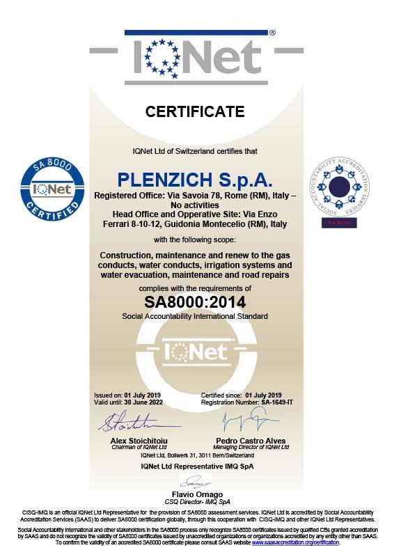 plenzich certificato SA 8000